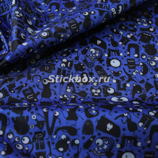 Ткань Таффета 190T WR PU, Черные монстрики на синем, на отрез