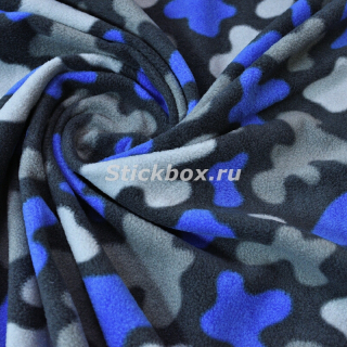 Ткань Флис, двусторонний, 240 г/м.кв., принт Детский камуфляж, голубой и серый на темно-сером, на отрез
